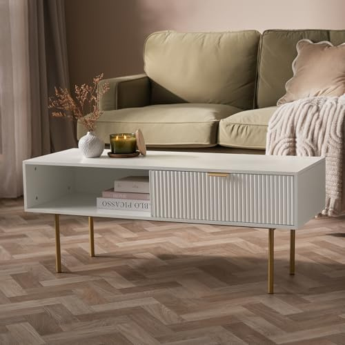 OHS Coffee Tables for Living Room, Decorative Wooden Coffee Table with Ribbed Drawer and Open Shelf Storage with Gold Metal Legs Modern Centre Table, Cream - 110 x 40 x 45cm