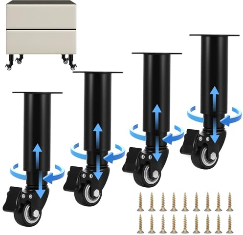 OXENKA Möbelfüße mit Rollen 4 Stück, Höhenverstellbar 18,5-26 cm, Schwarz | 360° Drehbare Lenkrollen aus Metall für Schrank, Bett, Sofa, Couch und Nachttisch, beweglich und feststellbar
