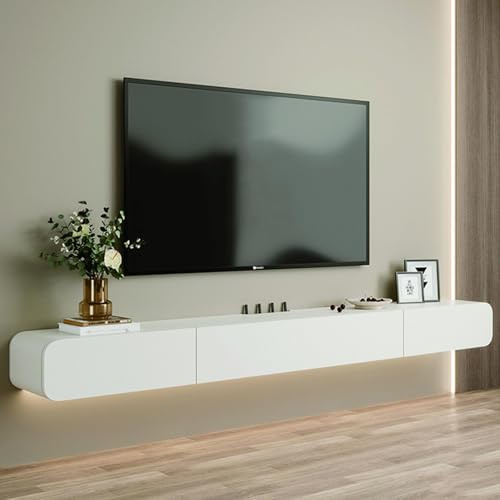Ahtadums Massivholz TV Lowboard Hängend, TV Schrank hängend mit 2 Schubladen TV Board hängend Hängeschrank Wandregal komplett montiert (Weiß, 200cm)
