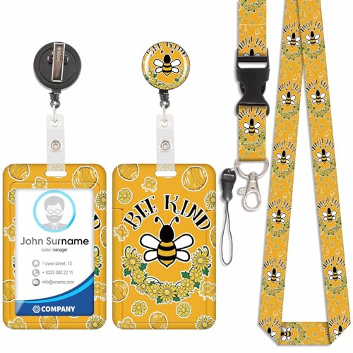 Namensschildhalter mit Kordel, Umhängeband mit Kartenhalter, Kartenhalter mit ausziehbarem Ausweishalter, abnehmbar, Swivel Lobster Clasp, für Ausweishülle (Biene)