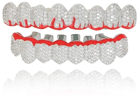 18K Vergoldetes Iced Out Red Drip Grillz-Set – Zahn-Grillz Mit Kubischen Zirkonen, Hip-Hop-Mundschmuck für Parties, Streetwear Cosplay(Silver,Set)