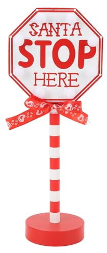 NOENNULL Luminous Santa Stop Here Sign, Santa Stop Here Pole Sign with Warm LED Light Wooden for Christmas Table, Battery Operated, Christmas LED for Decorating
