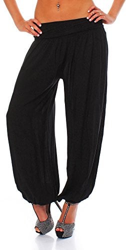 Malito - Damen Haremshose - Pumphose aus Baumwolle - leichte Sommer Stoffhose - Pluderhose zum Tanzen & Chillen - dünne Aladinhose 1482 (Schwarz)