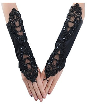 Legou Hochzeit kurz Brauthandschuhe Spitze Fingerlos Lace Schwarz 30cm