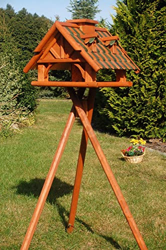 Vogelhaus Futterhaus Futterhäuschen Vogelvilla mit Holzschindeldach in versch. Farben und Solarbeleuchtung, wahlweise mit oder ohne Vogelhausständer V19, Farbe|Größe:Braun/Grün|mit Ständer
