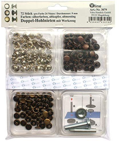 Yline Sortiment 72 Nieten 9 mm silberfarben - altkupfer - altmessing mit Werkzeug (Hohlnieten) im SB Pack, 3079