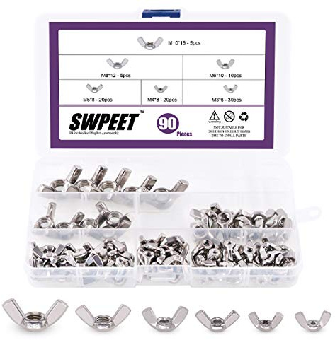 Swpeet 90pcs 304 en acier inoxydable dentelé métrique papillon écrou hexagonal capuchon combo Kit, 6 tailles - M3 M4 M5 M6 M8 M10