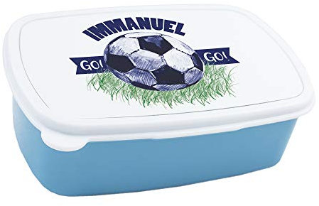 GRAZDesign Brotdose Fussball Kinder personalisiert, Lunchbox Kindergarten und Schule, Brotbox mit Unterteilung, Geschenk zu Einschulung, Blau für Jungen Name Fußballer