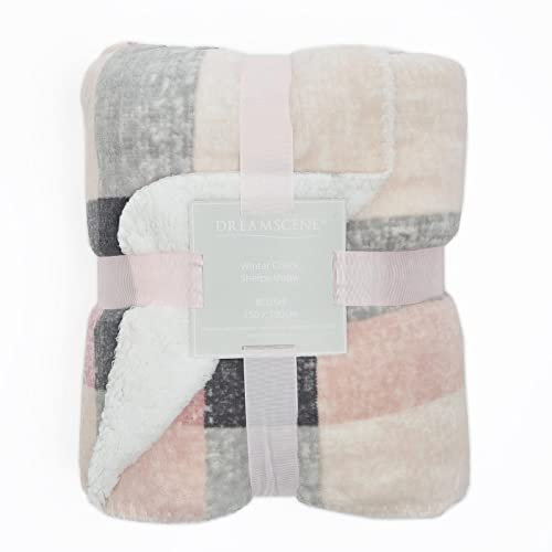 Dreamscene Coperta in pile Sherpa a quadri, morbida, termica, calda, spessa, soffice coperta per divano letto, 150 x 180 cm, colore arrossire