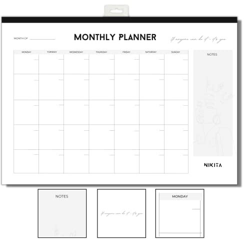 Nikita By Niki Schreibtischunterlage, persönlicher Organizer-Planer, 36 cm x 26 cm schwarz-weißer undatierter Wandkalender, 50 Blatt abreißbarer Monatskalender, Notizblock (Monatsplaner)
