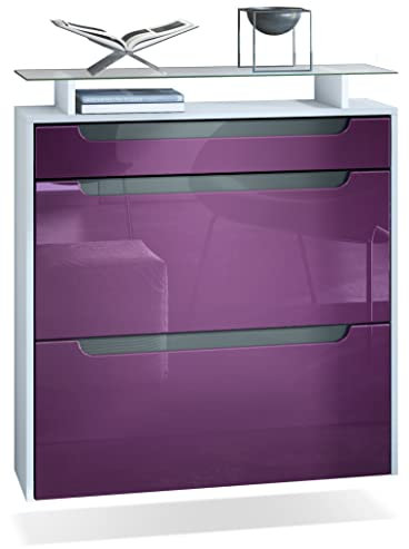 Vladon Schuhschrank Annie, Schuhkipper für 16 Paar Schuhe mit 2 Klappen, 1 Schublade und Glasablage, Weiß matt/Brombeer Hochglanz, Griffmulden in Grau Hochglanz (89 x 96 x 23 cm)