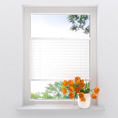 Plissee mit Bohren 55 x 130 cm Schneeweiß lichtdurchlässig, plissee innen, Montage ohne Bohren möglich, Fenster rollos für innen, Fenster plissee, pliseerollos, plissees