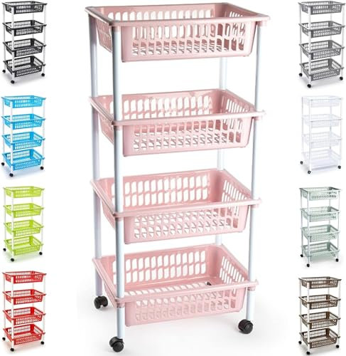 Plastic Storage Trolley Unit with Wheels Utility Kitchen Cart Vegetable Rack Fruit Basket Corner Shelf for Kitchen Bedroom Bathroom Living Room Office (4-Tier - Pink)