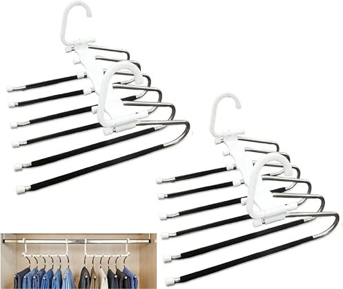 LORI HOME - 2 Grucce Pantaloni Salvaspazio 6 in 1-Stampelle Armadio Resistenti in Acciaio Inox-Appendini Armadio Antiscivolo e Multifunzionali per Pantaloni, Jeans, Sciarpe-Ordine e Spazio Garantiti