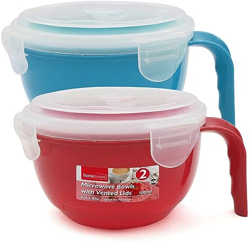 SOL 2pk Microwavable Containers with Vented Lids - 900ml Soup Mugs with Handles for Home & Office - Dishwasher-Safe Microwave Bowls with Leak-Proof Lids