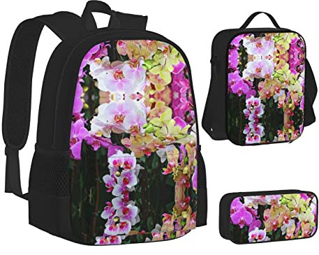 ELBULL Bunte mexikanische Streifen Schulrucksack Jungen Mädchen Schule Büchertasche Set Schüler Rucksack mit Lunchbox und Federmäppchen, Orchideen, Einheitsgröße, Reiserucksäcke