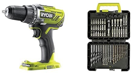 RYOBI - Perceuse-Visseuse 18V ONE+ - 50NM, 500-1800 tr/min, 2 Vitesses - Mandrin 13mm, LED, Poignée GripZone, Inverseur Rotation, Porte-embouts & Coffret 60 accessoires de perçage et de vissage