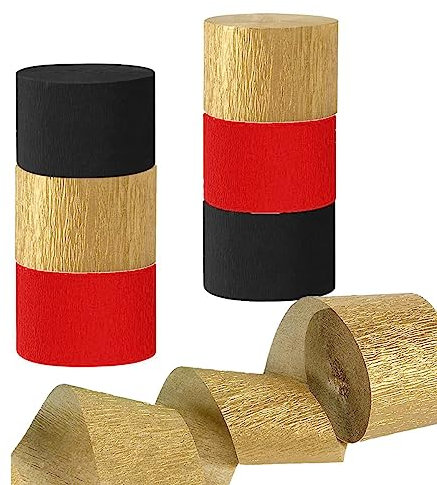 Luftschlangen aus Krepppapier, Rot, Schwarz, Gold, 6 Rollen, 3 Farben, für schwarz-rotgoldene Party-Dekorationen, Luftschlangen, Geburtstagspartys, Hochzeiten, Festivals, Babypartys, Brautpartys