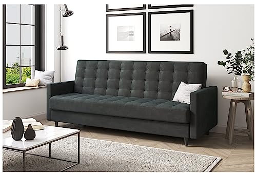 MEBLINI Sofa mit Schlaffunktion - Schlafcouch Ausziehbar - Schlafsofa mit Bettkasten - Sofabett - Couch mit Schlaffunktion - Klappsofa - Andres 1-218x87x93cm - Dunkelgrau Samt