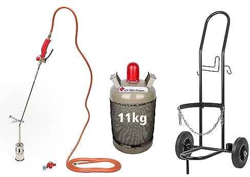 ROTHENBERGER Industrial Abflammgerät Anwärmbrenner Unkrautvernichter PREMIUM-Ausführung inkl. 5m Gasschlauch und 4bar Druckregler mit Transportwagen | Sackkarre und Propangas 11 kg leer