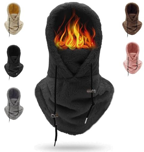 KEVGNRO Skimaske mit Sherpa-Kapuze, Sherpa-Mütze, Gesichts- und Halsmaske aus schwerem Fleece für kaltes Wetter für Damen und Herren (Schwarz,Einheitsgröße)