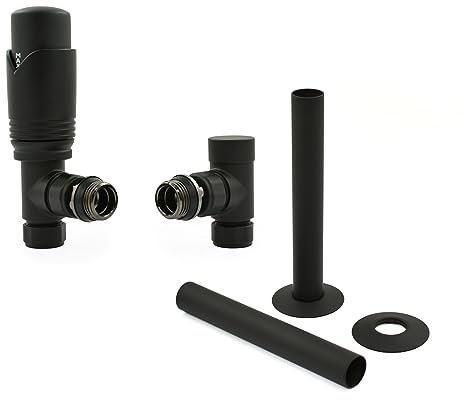 Hot Flow Satin Black Marella Modern Thermostatic Radiator Valve Angled TRV. Includes Angled TRV Body, Wheel Head, Lock Shield & Pipe Sleeve for Quick & Easy Temperature Control.
