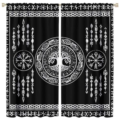 COALHO Rustikaler Vorhang mit Wikinger-Druck, Vintage, antike, nordische Mythologie, Symbol, Baum des Lebens, Fenstervorhänge, wärmeisoliert, Stangentasche, Verdunkelungsvorhänge für Schlafzimmer, 2