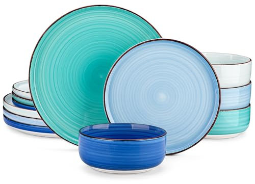 Geschirrset 4 Personen, vancasso Bonita 12-tlg Tafelservice aus Steingut, Schüssel- und Teller Set, rundes Geschirr Kombiservice mit je 4 Speiseteller, Salatteller und Schalen,Blau