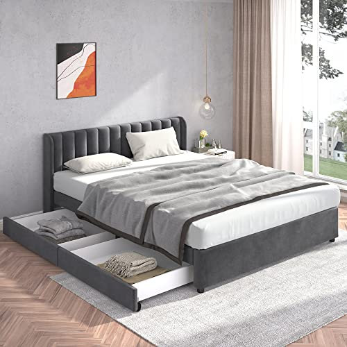 Rtopsu Polsterbett Doppelbett 180x200 cm, Bett mit 2 Stauraum Schubladen und Lattenrost aus Holz, Stauraumbett Bettgestell mit Metallrahmen, Samt, Grau (Ohne Matratze)