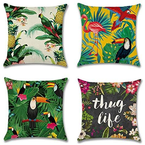 Ohok 4er Set Dekorativ Kissenbezug mit Motiv, Polyester Leinen Zierkissenbezüge 45x45 cm, Modern Dekokissen Sofakissen Kissenhülle Set für Sofa Couch Wohnzimmer Schlafzimmer (Tropische Pflanze)