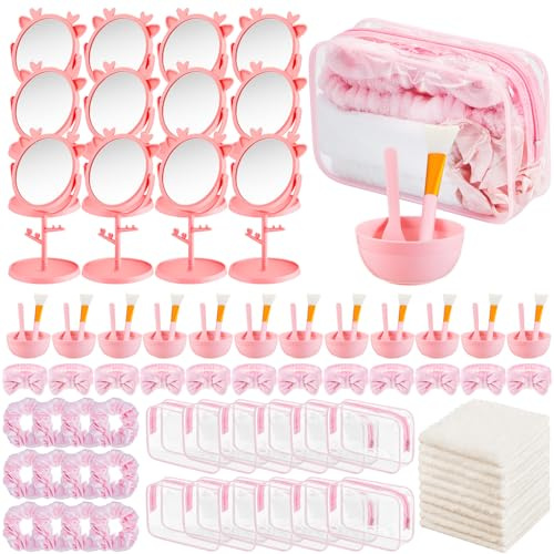 96 Pcs Spa Party Supplies for Spa Party Favor Bulk, Include Face Mask Mixing Bowl Set, Mirror, Headband, Scrunchies, Cosmetic Bags, Face Wash Cloths for Spa Sleepover Birthday Party