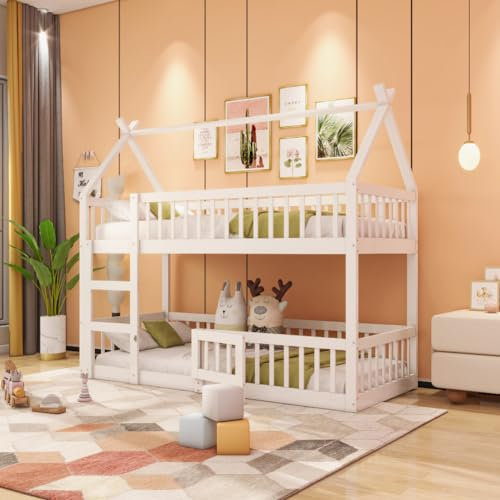 Merax Lit Superposé 90 x 200 cm, Multifonctionnel Lit Superposé Enfant Cabane avec Escaliers, Bois Massif, Blanc