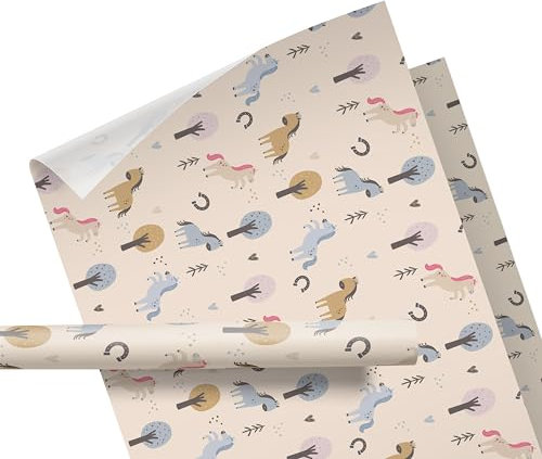 Geschenkpapier Kinder – Motiv: Pferde, creme – für Geschenke zum Geburtstag oder zu Weihnachten – Geschenkpapier für Mädchen und Jungen – Rolle: 47 cm breit, 3 m lang - Geschenkverpackung