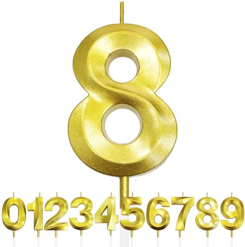 Nummer 8 Geburtstagskerze, 8. Geburtstag Kerze, 3D Design Gold Glitter Nummer Kerzen, Cake Topper Dekorationen, Kuchen Kerze für Geburtstagsparty, Hochzeitstag, Baby-Dusche, Party-Dekoration