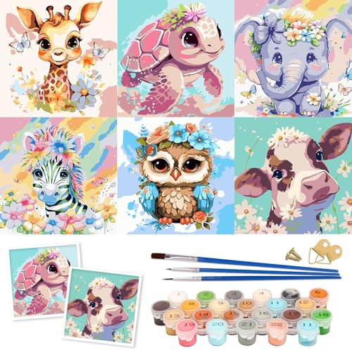 Peinture Numero Adulte, 6 pièces Animaux Kit de Peinture à l'huile sur Toile Bricolage pour Enfant, Paint by Numbers avec Peintures et Pinceaux Sans Cadre 20×20 cm