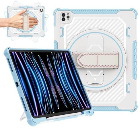 ROISKIN for iPad Pro 12.9 inch 2022/2021/2020/2018 Case | iPad Pro 12.9 6th/5th/4th/3rd Generation with 360° Rotating Stand & Hand Strap & Pencil Holder (Blue)