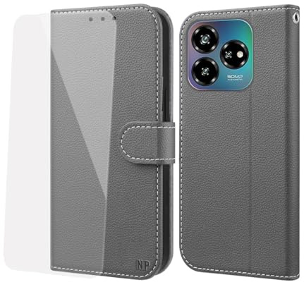 NP-Caser Handyhülle für ZTE Blade V60 Vita/V60 Design/Axon 60 Lite Hülle [mit Panzer Schutz Glas], Premium Lederhülle mit Kartenfächern [Klappbar Flip case] Schutzhülle für ZTE Blade V60 Vita, Grau