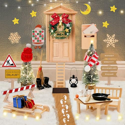 Wichteltür Set - 46PCS Wichtel Zubehör mit Licht, Wichtel Zubehör Baustelle, Wichteltür Komplettset mit Backset, Interaktive Karten Adventskalender, DIY Geschenk für Kinder