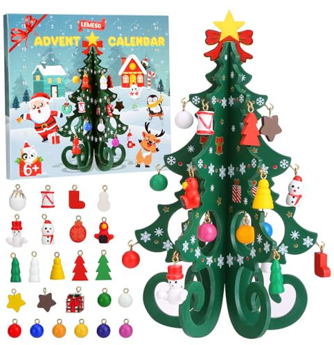 LEMESO Calendrier de l'Avent 2025, Mini Sapin de Noël en Bois, Arbre de Noël Jouet DIY Decorations Noël pour Table Maison Bureau Cadeaux pour Enfant