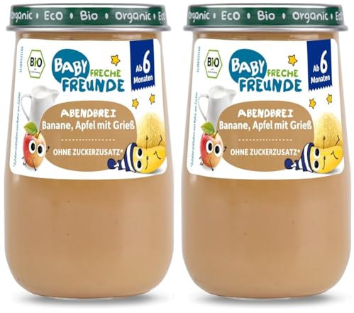 BABY FRECHE FREUNDE Bio Gläschen Abendbrei Banane, Apfel mit Grieß für Babys ab 6 Monaten, ohne Zuckerzusatz, 6 x 190g (Packung mit 2)