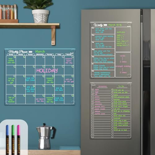 Clear Non-magnetic Calendar Set for Fridge - Dry Erase Transparent Monthly, Weekly Calendar and List Board - Sticks to Wall, Glass, Door, Any Smooth Surfaces