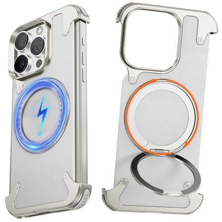 NIFBANG for iPhone 16 Pro Max Leather Phone Case with Kickstand,360° Rotatable Magnetic Built-in Invisible Stand,Luxury Anti-Scratch Slim,Frameless Bump Shockproof Protection Cover,Natural Titanium