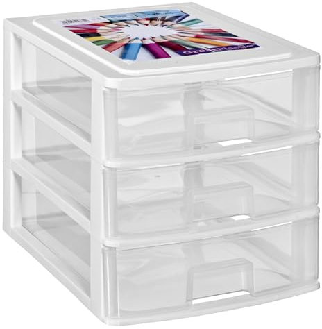 Hummelladen Schubladenbox DIN A4 mit 3 Schubladen 35,5x26,5x26,5 cm - Weiss-transparent Kunststoff Drawer Tower Box Organizer für Schreibtisch Easy-Pull-System