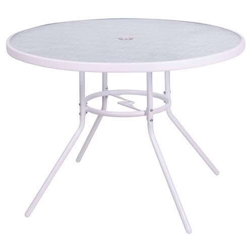Mesa Redonda de Exterior 100 cm de Acero al Carbono, Tapa de Cristal Templado Efecto Martillado, Blanco, Esté