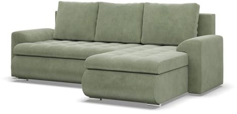 Mebligo - Ecksofa mit Schlaffunktion und 2 Bettkasten Cord - Grün 230x89x159 (BxHxT) FORESTA - Rechts Eckcouch, Sofas & Couches, Couch L Form, Cauchsofa, Sofa Wohnzimmer