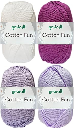 4x50 Gramm Gründl Cotton Fun Häkelgarn aus 100% Baumwolle inkl. Anleitung für Einkaufsnetz Bunt Mix Set (Set 9 (Lila Mix))