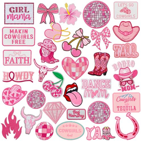 33PCS Cowgirl Iron On Patches Pink Western Embroidered Appliques for Trucker Hats Jackets Jeans Denim Backpacks Clothing Trendy No Sew Vintage Country Cute Girly Style DIY Decor Repair for Women Girls