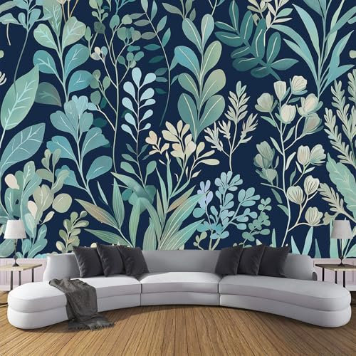 CDXNORA Silk Wall Mural Elegant Plants Photo Wallpaper 250×175cm (WxH),Wildflowers, Vines, Leaves Photo Mural Decor for Living Room, Bedroom, Office and Kids Room, Easy to Install, Navy Blue