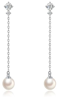 PHNIBIRD 54mm Lang Perlen Ohrringe Hängend Silber 925 Elegante Schmuck | Hypoallergen, leicht und komfortabel,für Abendmode,Hochzeit, Bräute,6mm Weiße Perlen,Elegant Ohrhänger,Geschenke für Frauen