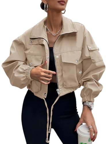 UEAL Spring Jackets for Women 2026 Cropped Trench Coat Lightweight Bomber Travel Jacket Large Khaki